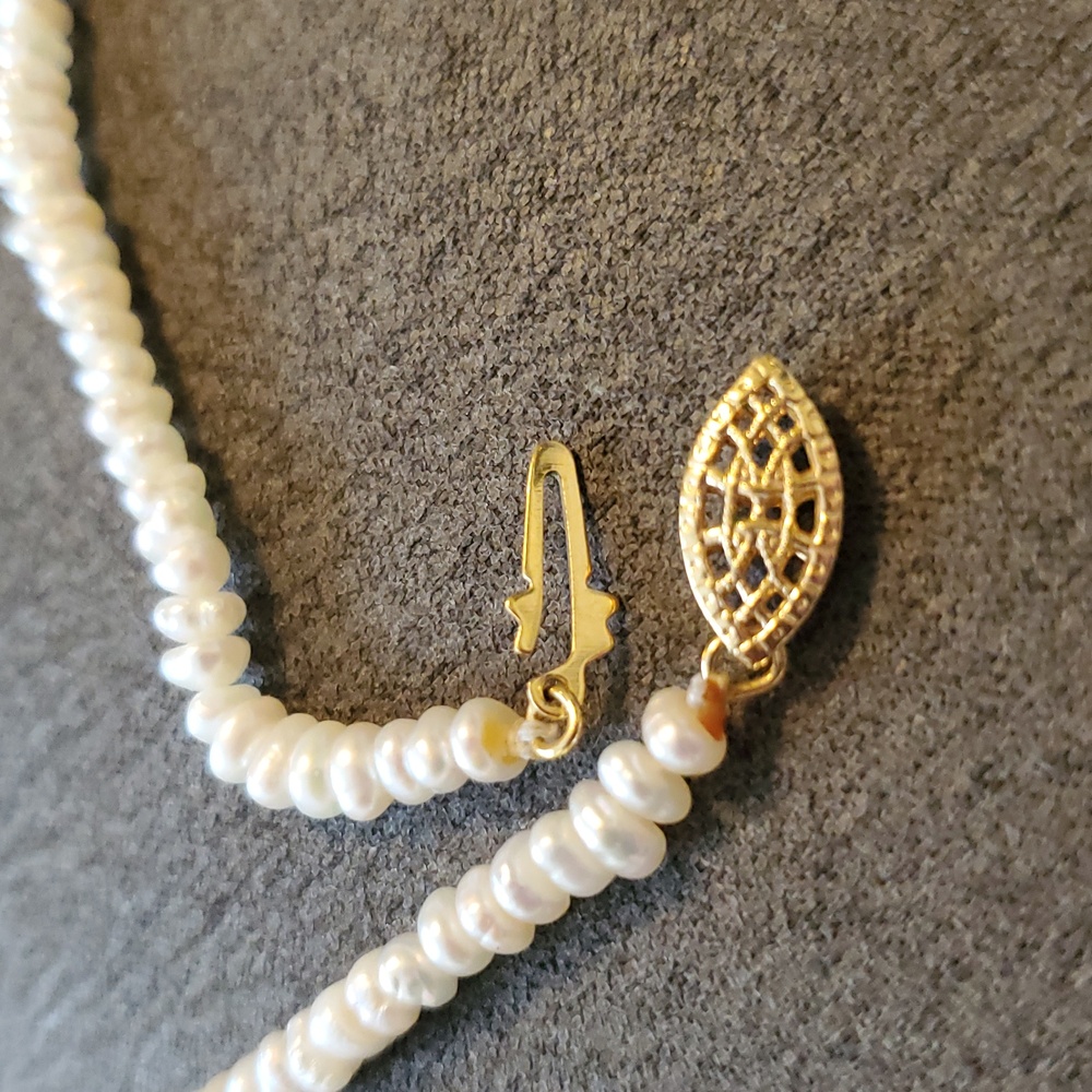 14K Gold Filigree Clasp Freshwater Rice Pearl Necklace 17” | Hand Knotted - Picture 5 of 5